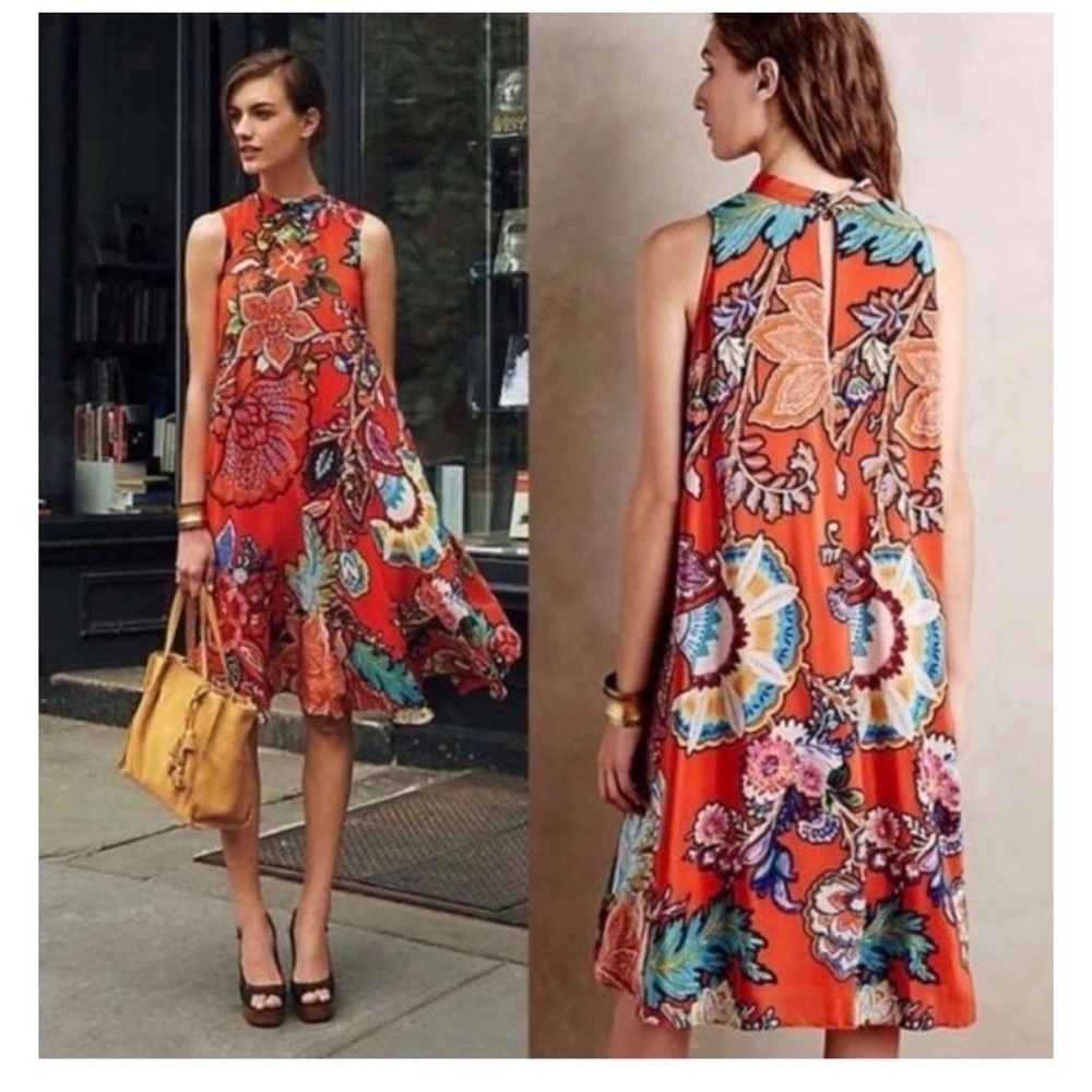 Maeve Anthropologie Orange Floral Mock Neck Sleeveless Swing Dress Pockets M
